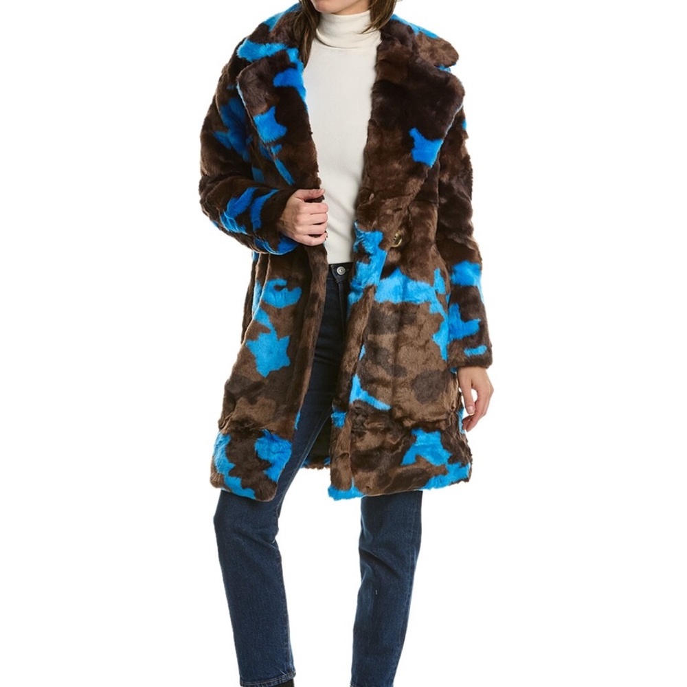 Apparis Faux Fur Coat in Blue and Brown